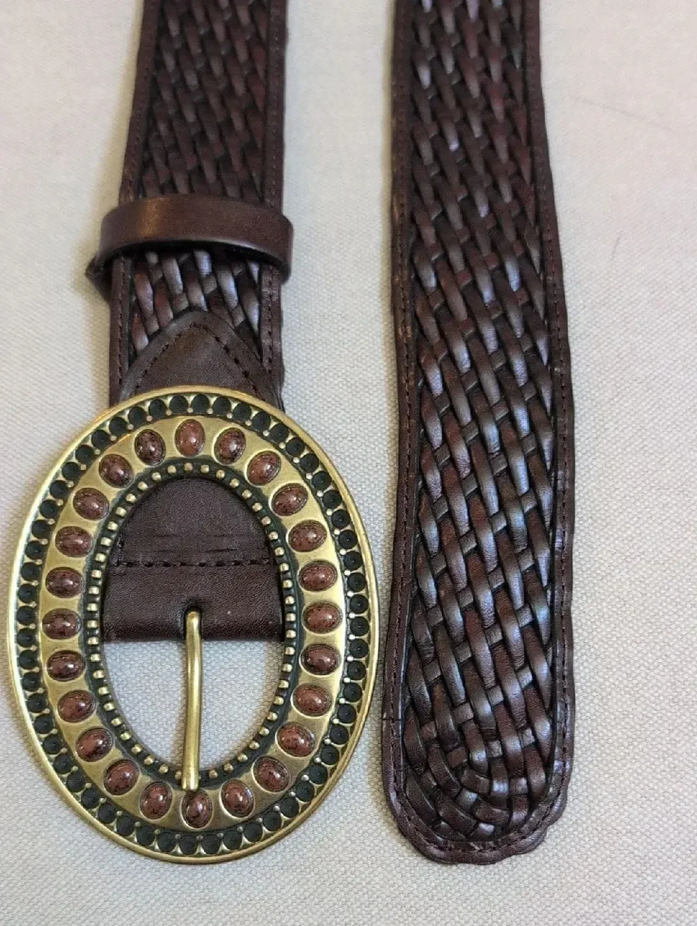Coldwater Creek Woven Brown Leather Adjustable Belt Decorative Oval Buckle
